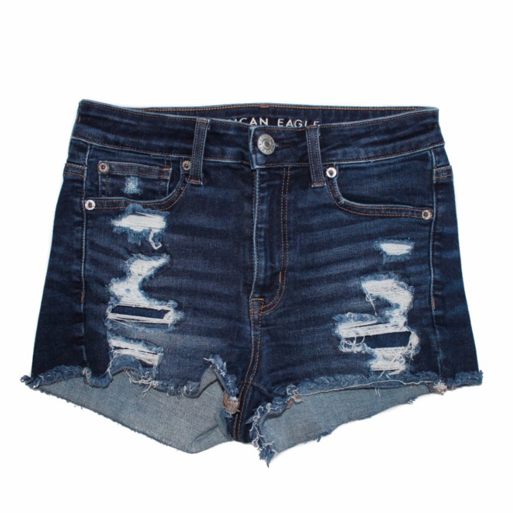 american eagle hi-rise shortie next level stretch — dark wash with rips